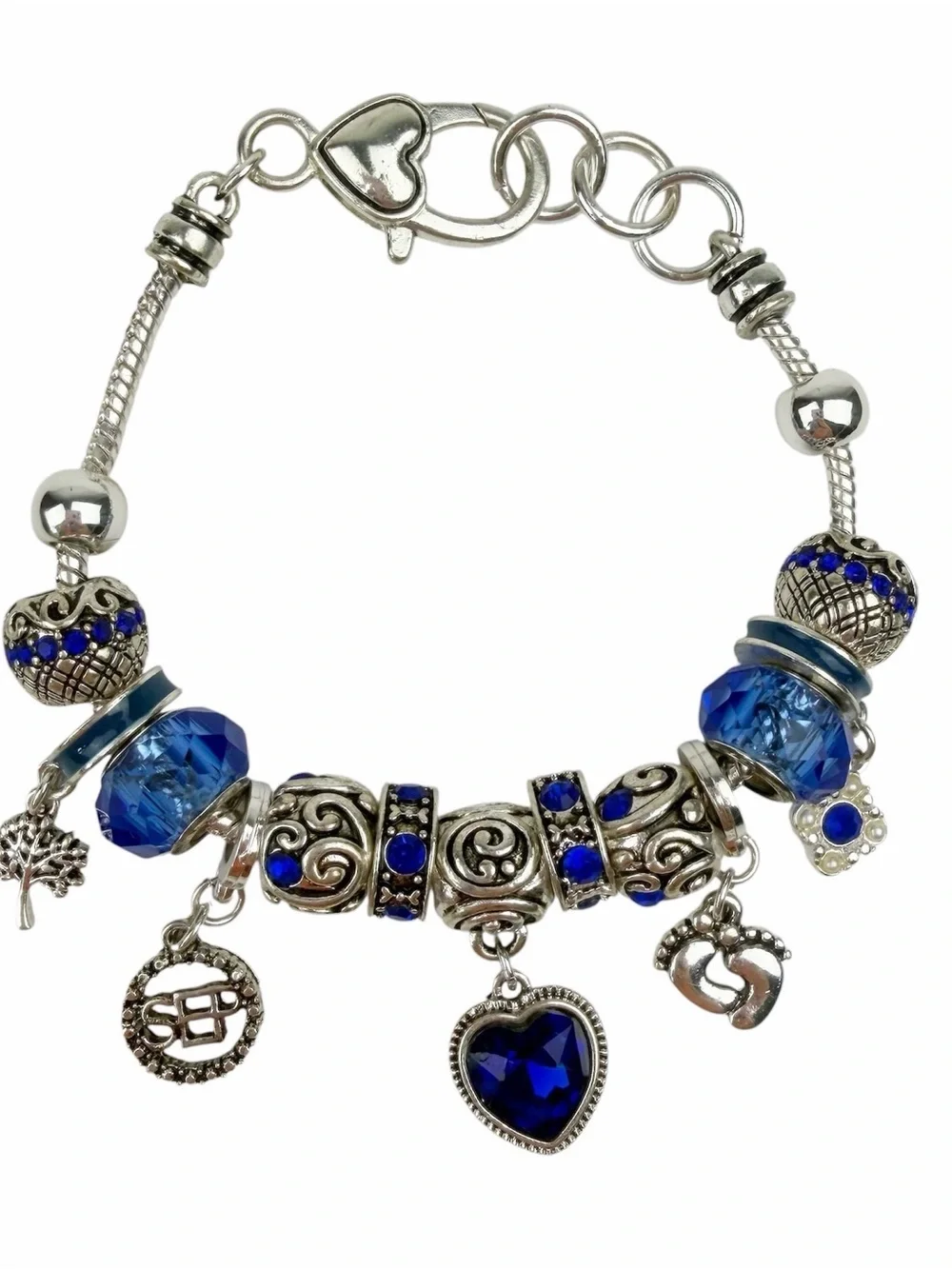 September Sapphire Blue Birthstone Charm Bracelet Silvertone Baby Feet